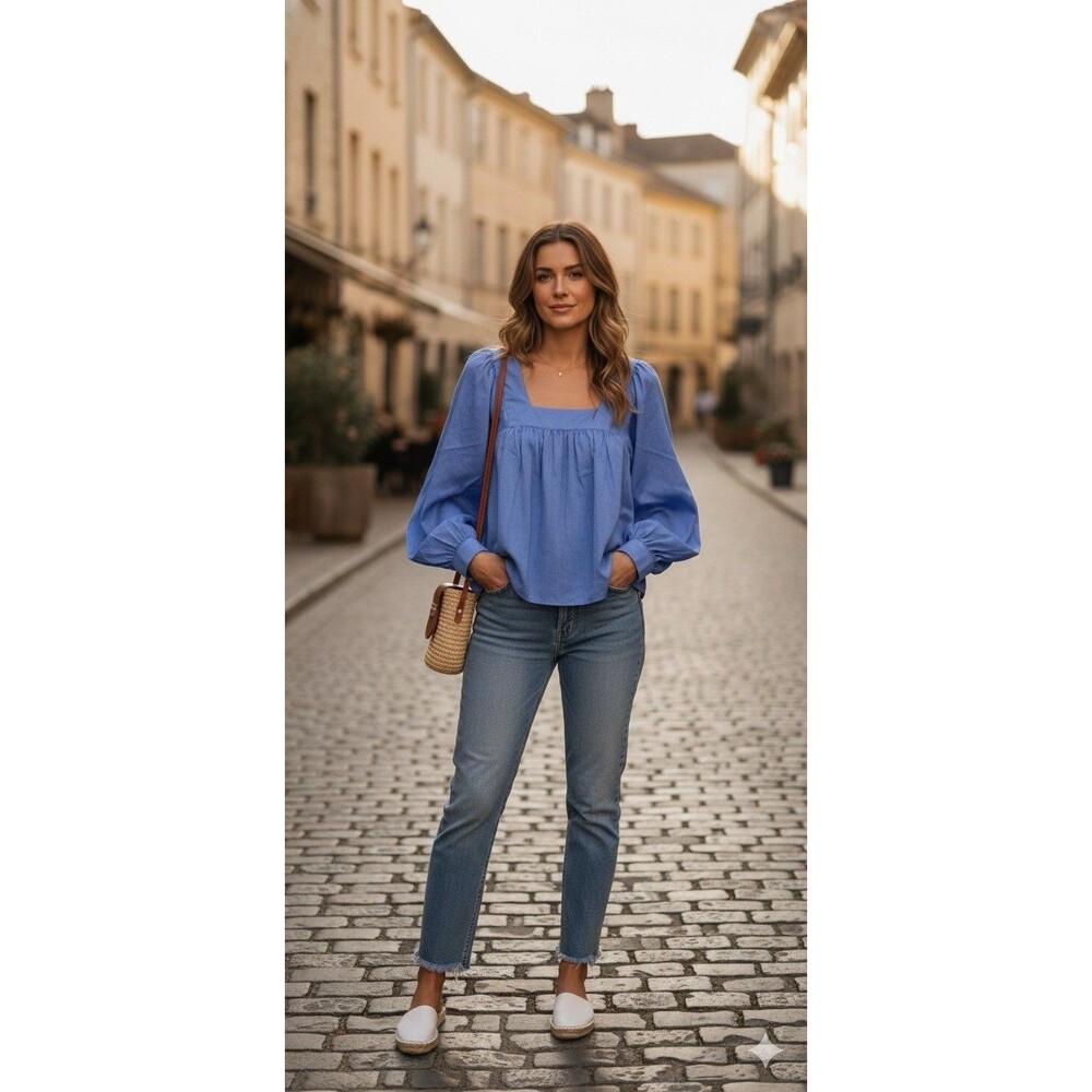 Women "Sweet Baby Jamie" blue cropped puffy sleeve, top. Size L NWT